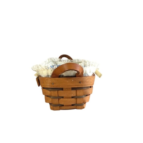 Longaberger Cracker Basket Blue & Cream Liners Plastic Protector Leather Handles - Picture 10 of 12
